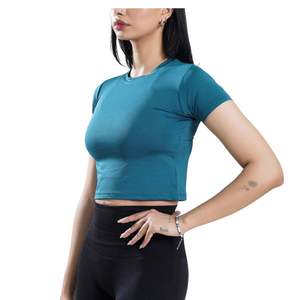 Camiseta Deportiva Corta Personalizada para Mujer, Color Azul Turquesa, Cuello Redondo, Manga Corta, Ajustada, Elástica, Transpirable, para Gimnasio, Entrenamiento, Running, Yoga - Product Image 4