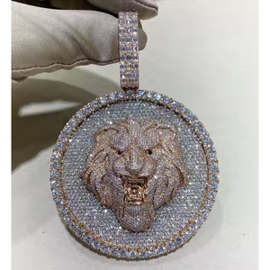 Colgante de Moissanita con Cabeza de León, Plata de Ley 925, Dije Ovalado, Corte Brillante Redondo, Joyería Hip Hop, Venta al por Mayor Personalizada - Product Image 2