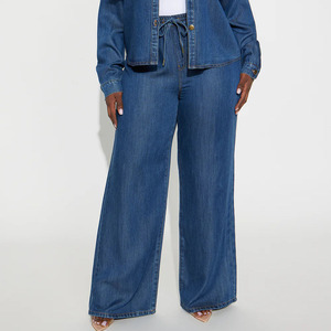<b>Women</b> Denim Tracksuit Oversized Button Up <b>Jacket</b> And Drawstring Pants Set Casual Streetwear Full Length Solid - Product Image 3