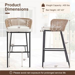 Sgabelli da bar da patio in corda intrecciata con capacità di 400 libbre e cuscini rimovibili (confezione da 2) - Product Image 4
