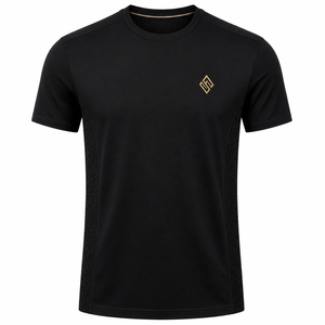 T-shirt pour homme en polyester noir à séchage rapide, logo doré imprimé sur le devant, motif uni, pull-over, chemise de sport - Product Image 1
