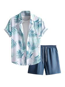 Conjunto de dos piezas con estampado de hojas para hombre, camisa de manga corta con botones y pantalones cortos con cintura elástica, conjunto ligero e informal para la playa - Product Image 6