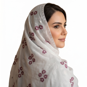 Wholesale Cotton Voile <b>Shawl</b> Maroon Floral Embroidery Tonal Vine Side Border Lightweight Breathable Women OEM ODM Custom - Product Image 1