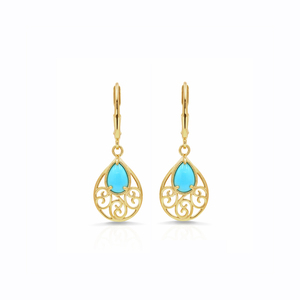 Boucles d'oreilles pendantes de créateur en argent 925 plaqué or et rhodium, avec cabochon poire turquoise et fermoir leverback, style rétro en maille - Product Image 3