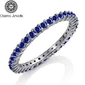 Bague d'éternité classique pour femme en argent 925 plaqué or 18 carats avec moissanite sertie à griffes, certifiée IGI - Charm Jewells - Product Image 4