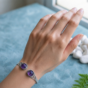 Signature <b>Amethyst</b> Twin Cabochon Open Cuff <b>Bracelet</b> Handmade Silver Plated Brass Jewelry - Product Image 2