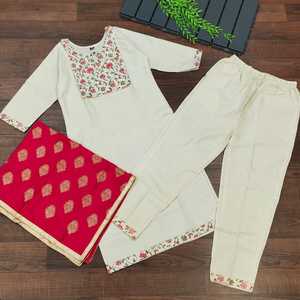 PANTALON HAUT DE TRAVAIL BRODERIE EN COTON MÉLANGÉ AVEC DUPATTA BLANC BLANC - Product Image 2