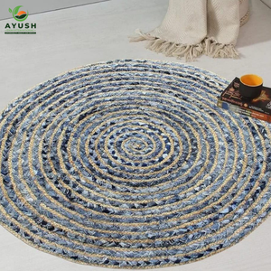 Living Room Luxury 150cm <b>Round</b> Rug Made of 100% Eco Friendly Jute & Denim Fabric Custom Hand Braided with Non-slip Backing - Product Image 3