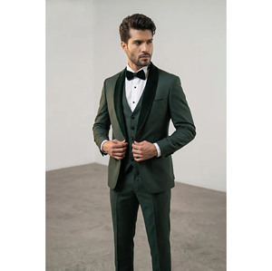 Traje de esmoquin verde oscuro para hombre, estilo británico, de un solo botón, con solapa con muescas, chaleco y pajarita, de tela de lana elástica - Product Image 4