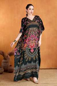 High Quality Designer Turkish Style <b>Kaftan</b> Women Polyester Handmade Batwing Sleeves V Neck Regular Fit Flared Hem Midi Eid - Product Image 3