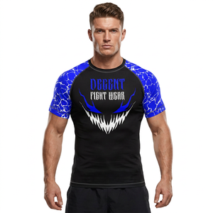 เสื้อรัดรูปแขนสั้นสำหรับผู้ชาย Decent Fight Wear สีน้ำเงินขาว พิมพ์ลาย แห้งเร็ว ผลิตจากผ้าสแปนเด็กซ์และโพลีเอสเตอร์ - Product Image 1