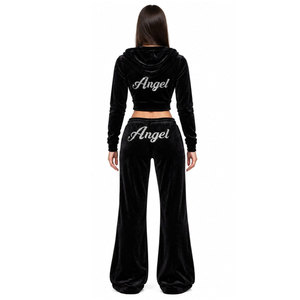 Women Black <b>Velvet</b> Hooded Tracksuit Set Full Sleeve Zipper Closure Glitter Angel Print Loose Fit Casual Autumn Wear - Product Image 3