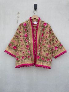 Hand Embroidered Floral Quilted <b>Kimono</b> <b>Jacket</b> Women's Short Sleeve V-Neck 100% Cotton Eco-Friendly Prairie Chic Style Spring - Product Image 2