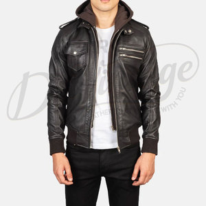 Blouson aviateur en cuir véritable noir de qualité supérieure pour homme avec capuche amovible - Coupe ajustée en peau de mouton véritable, vêtement d'extérieur décontracté multi-poches - Product Image 1