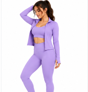 Conjunto de Yoga Personalizado al por Mayor para Mujer, 3 Piezas, Leggings, Top y Chaqueta para Gimnasio, Fitness, Entrenamiento, Ropa Deportiva Transpirable, de Secado Rápido y Elástica - Product Image 6