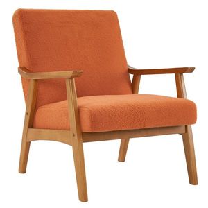 Poltrona Lounge in Velluto Teddy Arancione Bruciato con Braccioli in Legno Massello, Semplice Sedia Singola da Interno per Hotel con Schienale - Product Image 4