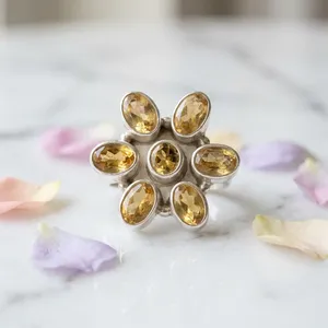 Bague en argent sterling 925 avec grappe de fleurs de citrine, sertie en clos ovale, pierre de naissance de novembre, bijou de cocktail - Product Image 3