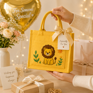 Cute Cartoon Lion Jute Tote <b>Bag</b> <b>Medium</b> <b>Size</b> Hand Length Handle Daily Shopping <b>Bag</b> Yellow - Product Image 3