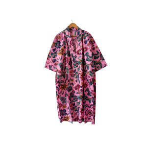 Robe de nuit kimono en coton rose à fleurs, col en V, manches longues, fermeture à cordon, séchage rapide, respirante, ensemble cadeau pour demoiselle d'honneur - Product Image 1