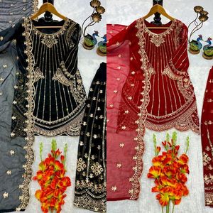 Conjunto de traje de diseñador de georgette pesado bordado, completamente cosido, con top, pantalón y dupatta. - Product Image 3