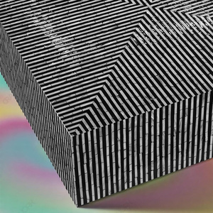 Mesa de Centro Cuadrada con Incrustaciones de Hueso Blanco y Negro, Patrón Geométrico Lineal, Hecha a Mano, Moderna, para Sala de Estar Contemporánea - Product Image 4