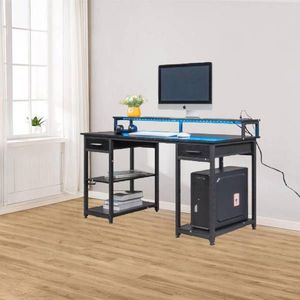 Black Wood Grain Particleboard Non-Woven Fabric <b>Computer</b> <b>Desk</b> <b>with</b> 2 Power Sockets 140*50*86cm Multi-Layer Shelf and <b>Drawer</b> - Product Image 2