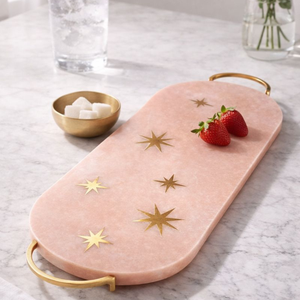 Plateau de service de luxe en marbre rose avec poignées en laiton incrustées d'étoiles, fait main, pour cuisine moderne, salle à manger, café - Product Image 4