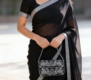 Elegant <b>Black</b> Handmade Embroidered <b>Clutch</b> <b>Bag</b> with Floral Pattern Straps Foldover <b>Clutch</b> Closure for <b>Evening</b> Use - Product Image 1