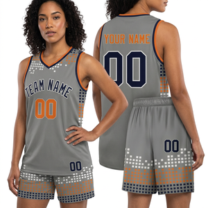 Camiseta de Baloncesto Sublimada Personalizada, Gris y Naranja, con Nombre del Equipo, Cuello en V, Sin Mangas, Unisex, para Adultos, de Malla - Product Image 6