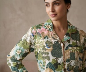 Ensemble de pyjama pour femmes, imprimé tropical palmier et paon, pur coton respirant, écologique, chemise à manches longues boutonnée assortie - Product Image 2