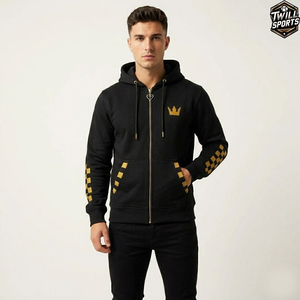 Sudadera con Capucha Unisex Negra de Felpa Twill, Diseño Oversize con Logotipo de Corona Dorada y Mangas con Estampado de Tablero de Ajedrez, Ropa Casual de Invierno - Product Image 1