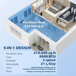 8,000 BTU White Mobile Air Conditioner for 345 Sq. Ft. Room Auto Sleep 24H Timer <b>Dehumidifier</b> Fan Window Kit Battery Powered - Product Image 4