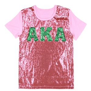 T-shirt rose à paillettes AKA, broderie chenille, vêtements de sororité grecque, t-shirt de mode haut de gamme pour femmes - Product Image 1