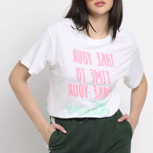 Women's White <b>Crew</b> Neck Short Sleeve T-Shirt With Happy <b>Soul</b> Letter Print Casual Wear 100% Cotton Jersey Fabric - Product Image 1