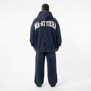 Men Navy Blue <b>Red</b> Zip Up <b>Hoodie</b> Wide Leg Pants Set Contrast Knee Panel Stud Detail Streetwear Tracksuit Custom OEM ODM - Product Image 4