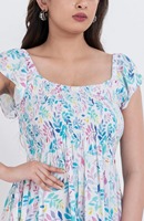 Robe mini trapèze smockée à motif floral, 100 % coton, coupe ajustée, col carré, taille élastique, lavable, écologique, pour femme - Vente en gros
