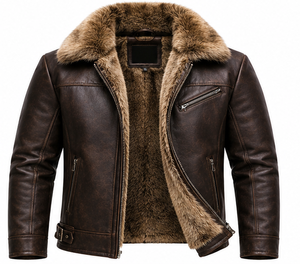 Veste en cuir véritable marron pour homme avec doublure en fausse fourrure, fermeture éclair, style motard, vêtement d'hiver - Product Image 1
