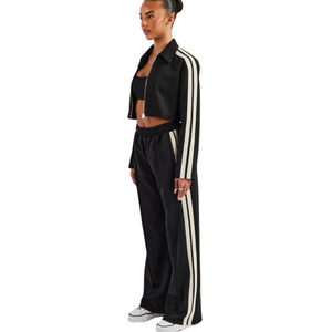 Ensemble de survêtement court zippé pour femme, col montant, triple bande, pantalon large à taille élastiquée, tenue deux pièces style urbain - Product Image 5