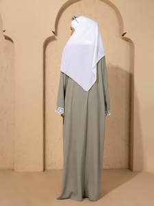 Abaya vert olive pour femme, longue, coupe ample, manches longues, col montant, tenue quotidienne modeste, style Moyen-Orient, broderie en coton - Product Image 2