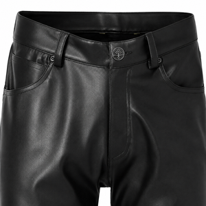 Pantalon Homme Grande Taille Taille Haute Coupe Skinny Noir en Polyester Enduit PU avec Poches et Braguette Boutonnée pour l'Automne - Product Image 5