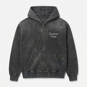 Sweat à capuche zippé unisexe surdimensionné en molleton effet vieilli, style streetwear, avec logo personnalisé, effet peinture éclaboussée, lavage vintage, ODM - Product Image 2