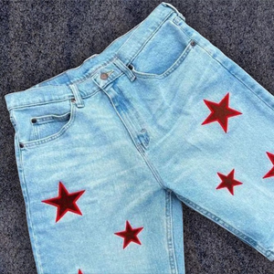 <b>Men</b>’s Light Blue Denim <b>Shorts</b> Red Star <b>Patches</b> Loose Fit Knee Length Baggy Jean <b>Shorts</b> Casual Streetwear Summer Fashion - Product Image 6