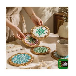 HANDMADE BEST SELLING ROUND SHAPE RATTAN <b>COASTER</b> WITH <b>CERAMIC</b> AND MOTHER OF PEARL INLAY FROM VIETNAM COMPANY - Product Image 2
