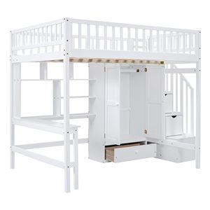 Letto a soppalco bianco full-size con libreria, cassetti, scrivania e armadio - Set di mobili per bambini - Product Image 6