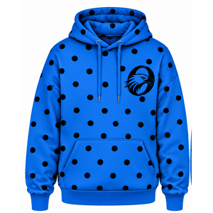 Sweat-shirt à capuche décontracté pour femme, bleu vif à pois noirs, en polaire, avec cordon de serrage, manches longues et poche kangourou, style streetwear - Product Image 1