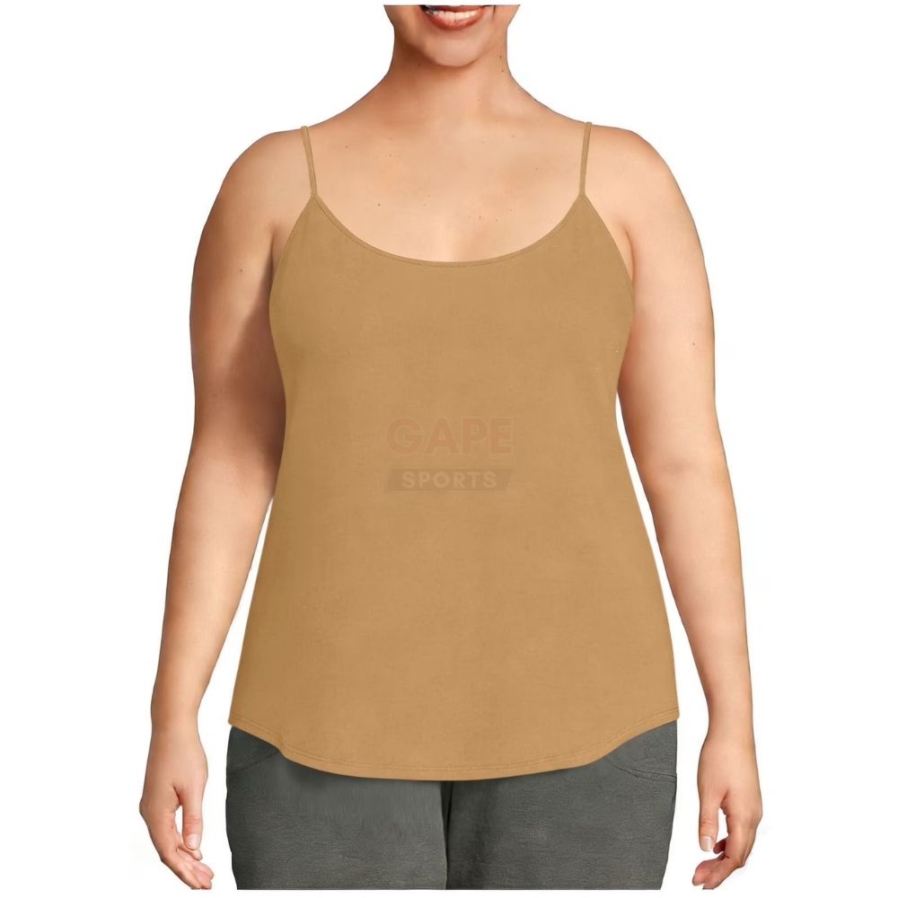 Tan Knitted Spaghetti Strap Women's Summer Sleeveless Breathable Plus Size Loose Fit Casual Tank Tops 100% Cotton Front