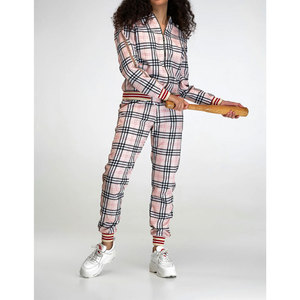 Ensemble de survêtement à carreaux pour femmes, manches longues, fermeture éclair sur le devant, pantalon de jogging décontracté avec poches latérales, vêtements d'automne - Product Image 2