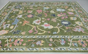 Tapis moderne élégant de style Oushak, noué à la main, en laine de Nouvelle-Zélande, vert olive, motif floral, tapis traditionnel, tapis de luxe fait main - Product Image 3