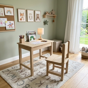 Ensemble de bureau et chaise pour enfants en bois naturel, table d'activités minimaliste pour enfants, table d'étude en bois pour tout-petits, ensemble de meubles pour salle de jeux - Product Image 3