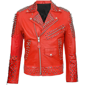 Lawd Sports Red PU Leather Unisex <b>Punk</b> Style Motorcycle <b>Jacket</b> Rivet Decoration V-neck Zipper Closure Breathable Autumn Wear - Product Image 1